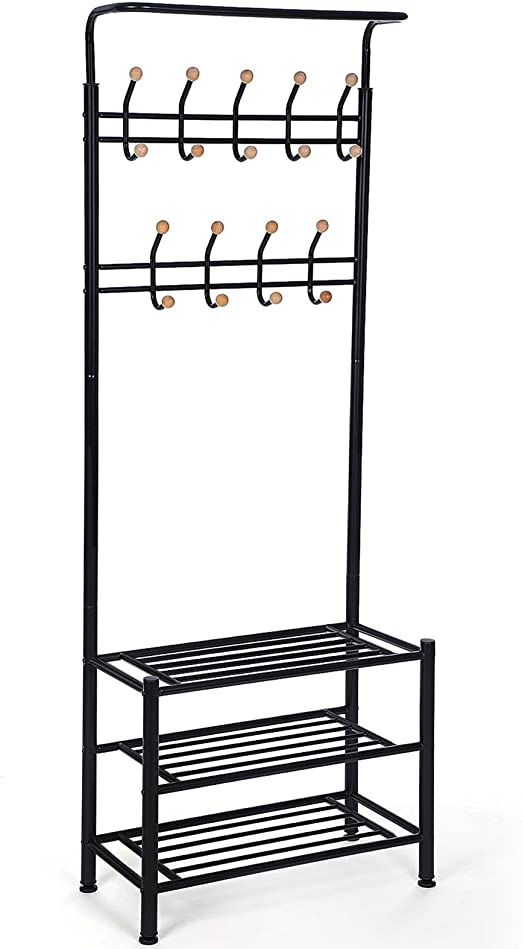Coat rack - With 3 shoe racks - With 18 hooks - Metal - 68.8 x 35.2 x 187 cm