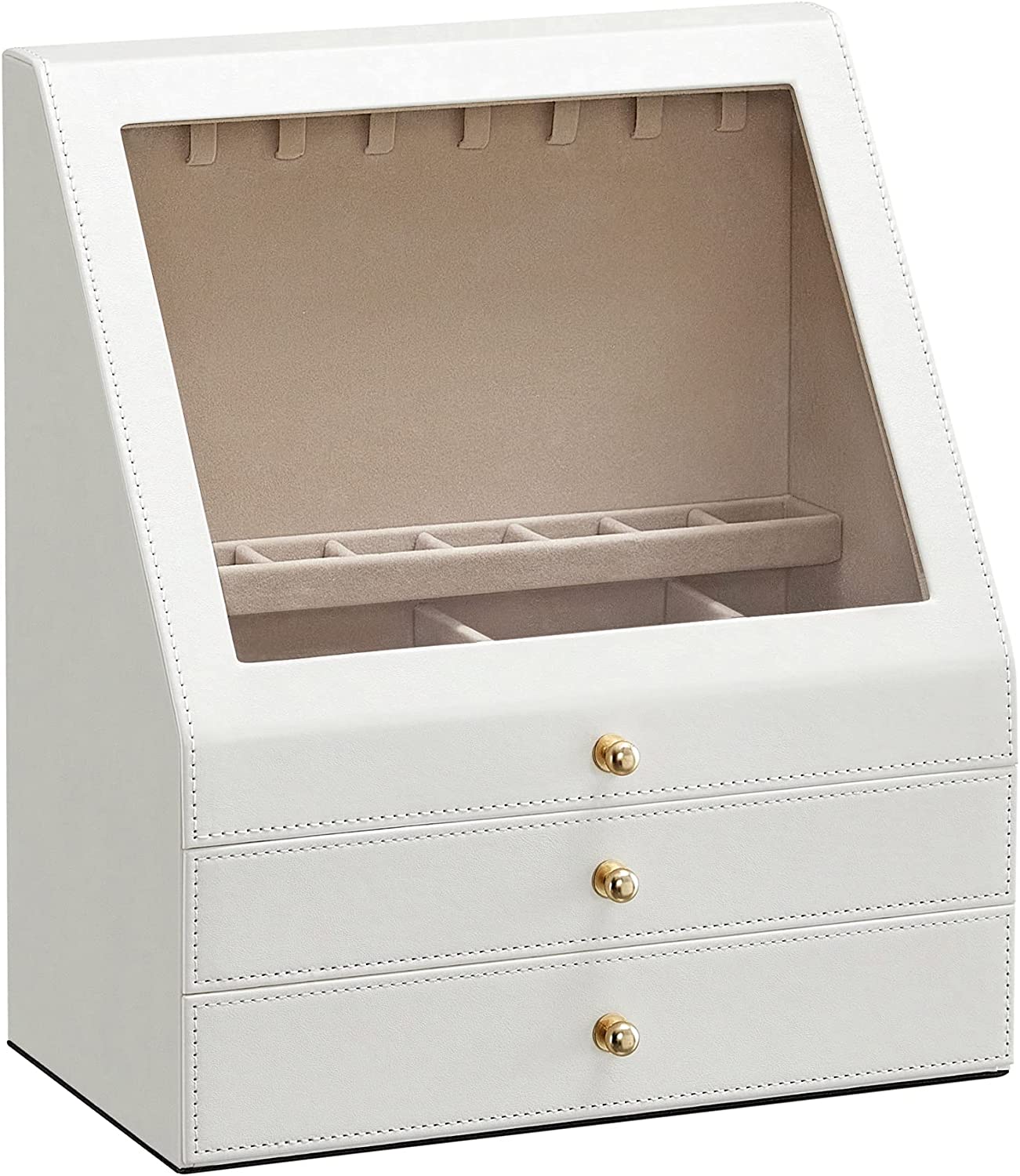 Jewelry box - With 3 levels - Sloping glass window - 2 drawers - Storage box for jewelry - Modern - White