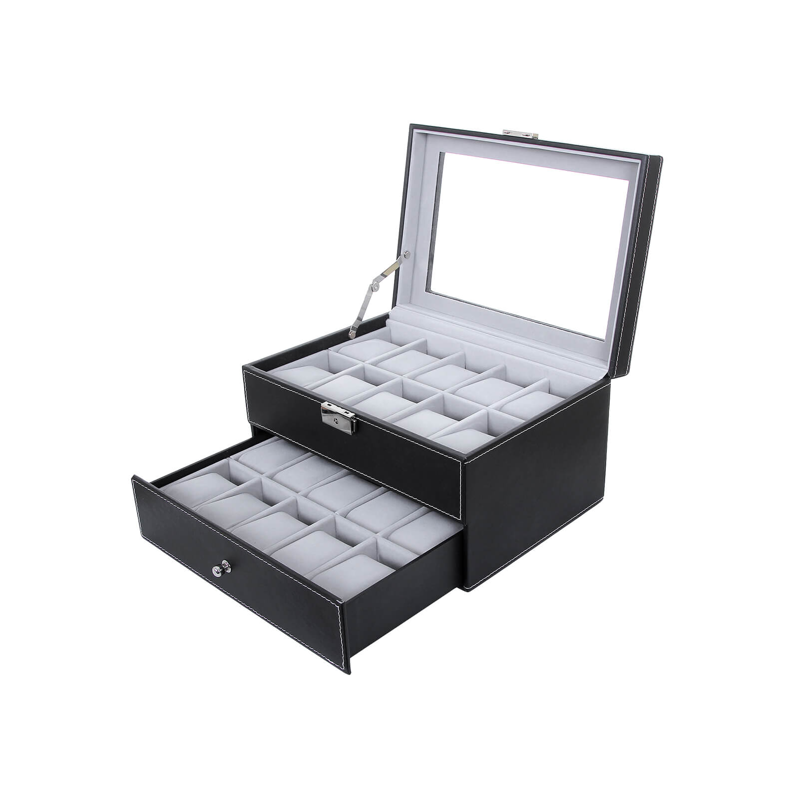 Watchbox - 20 watches - Glass lid - Black
