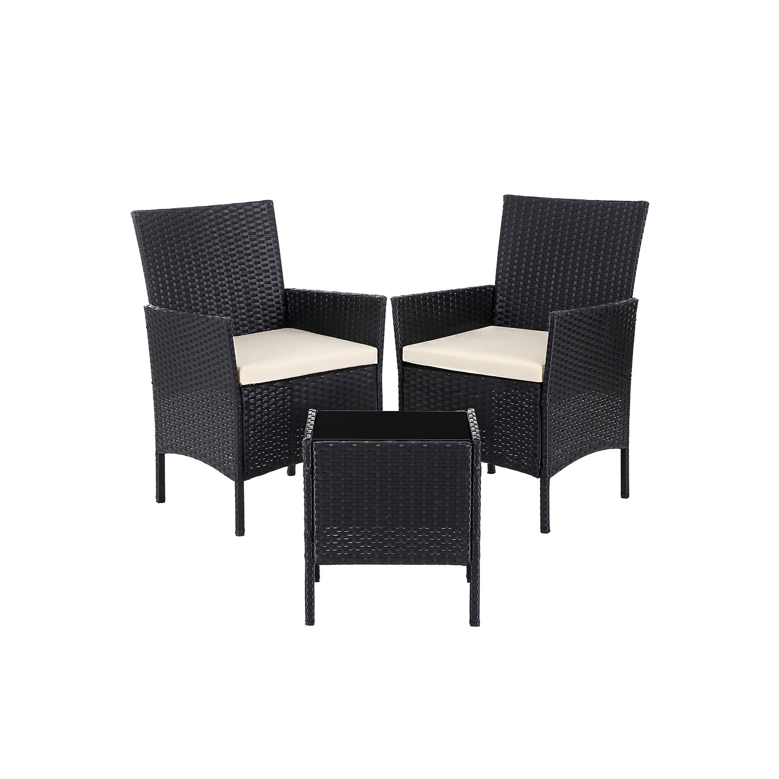 Garden furniture set - Lounge set - Rattan look - 2 chairs and glass table - Black