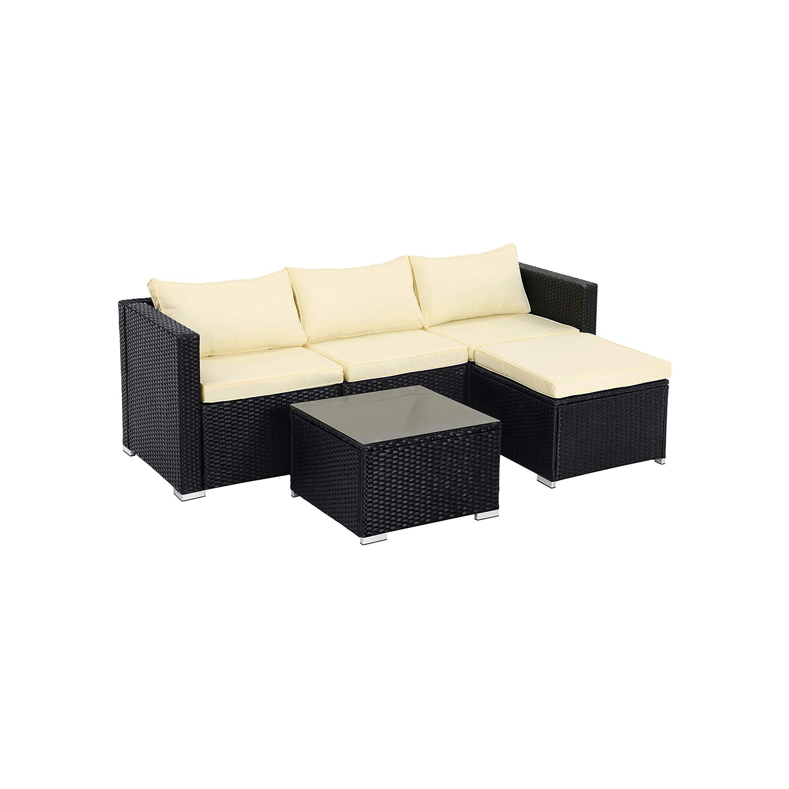 Garden furniture set - Lounge set - Garden bench and table - With pillows - Glass top - Black / Beige