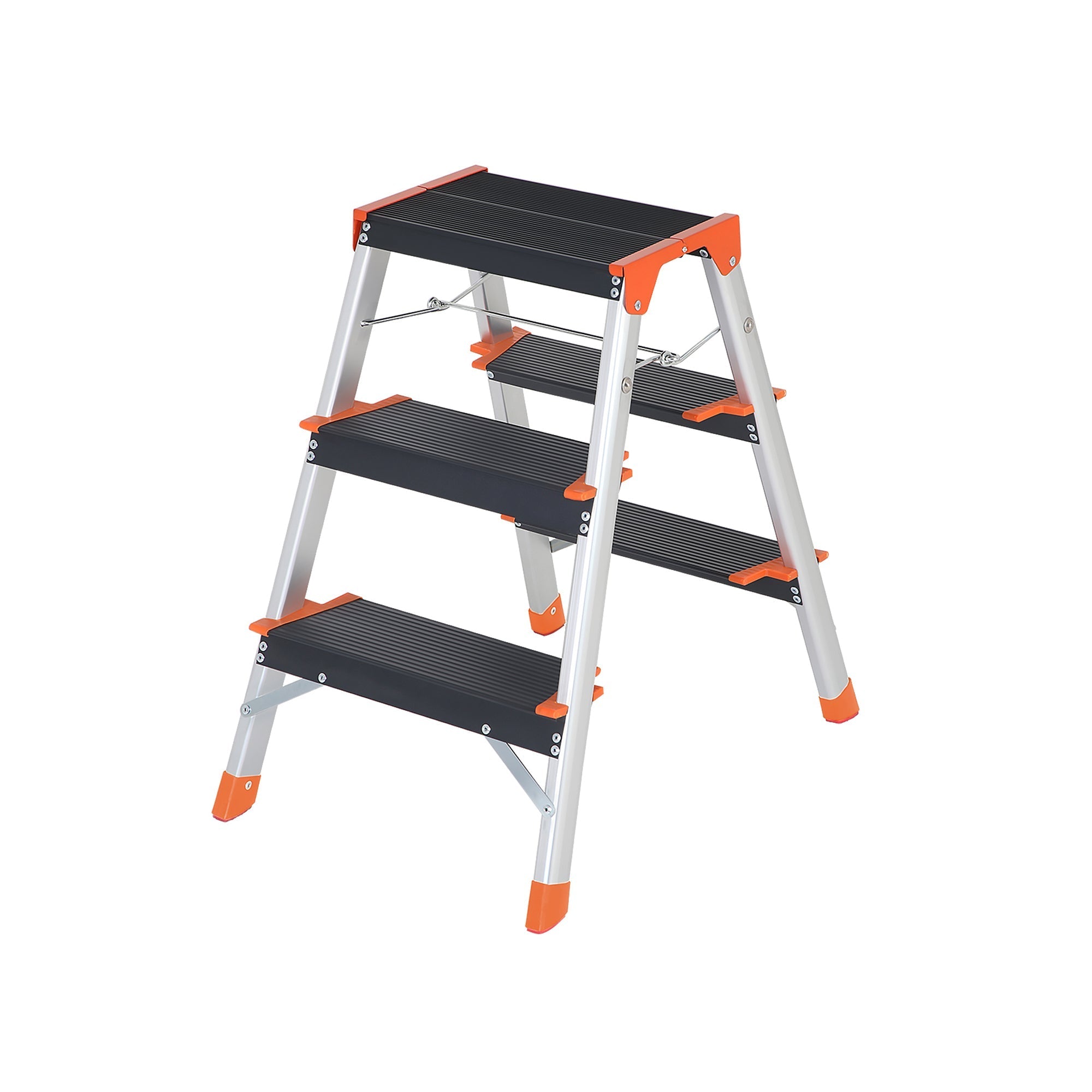 Ladder - Folding Ladder - 3 steps - Aluminum - Anti -slip - Taxable up to 150 kg - Orange / Silver