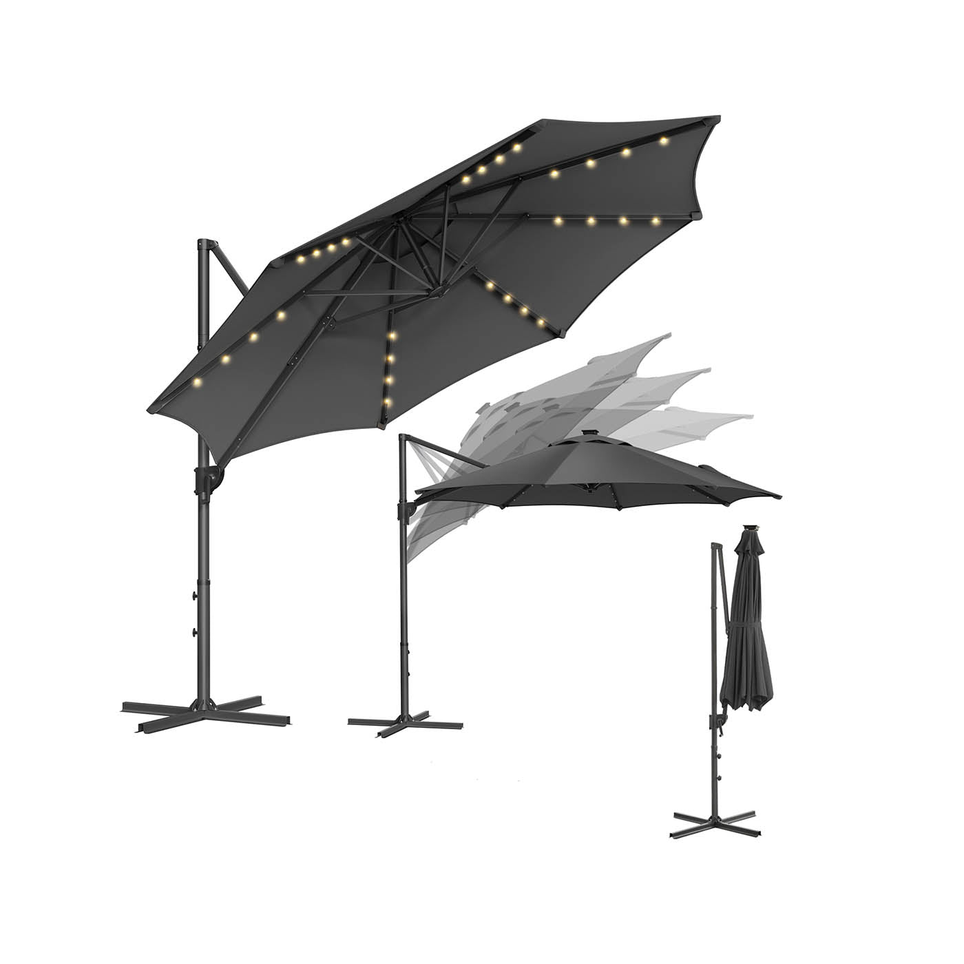 Parasol Ø300 cm-UPF 50+-With 28 LED lamps-Gray