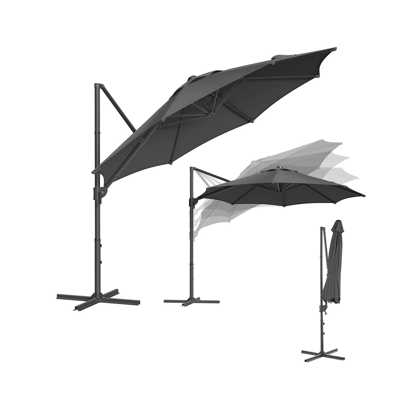 Parasol Ø300 cm - UPF 50+ - with crank and cross foot - Gray