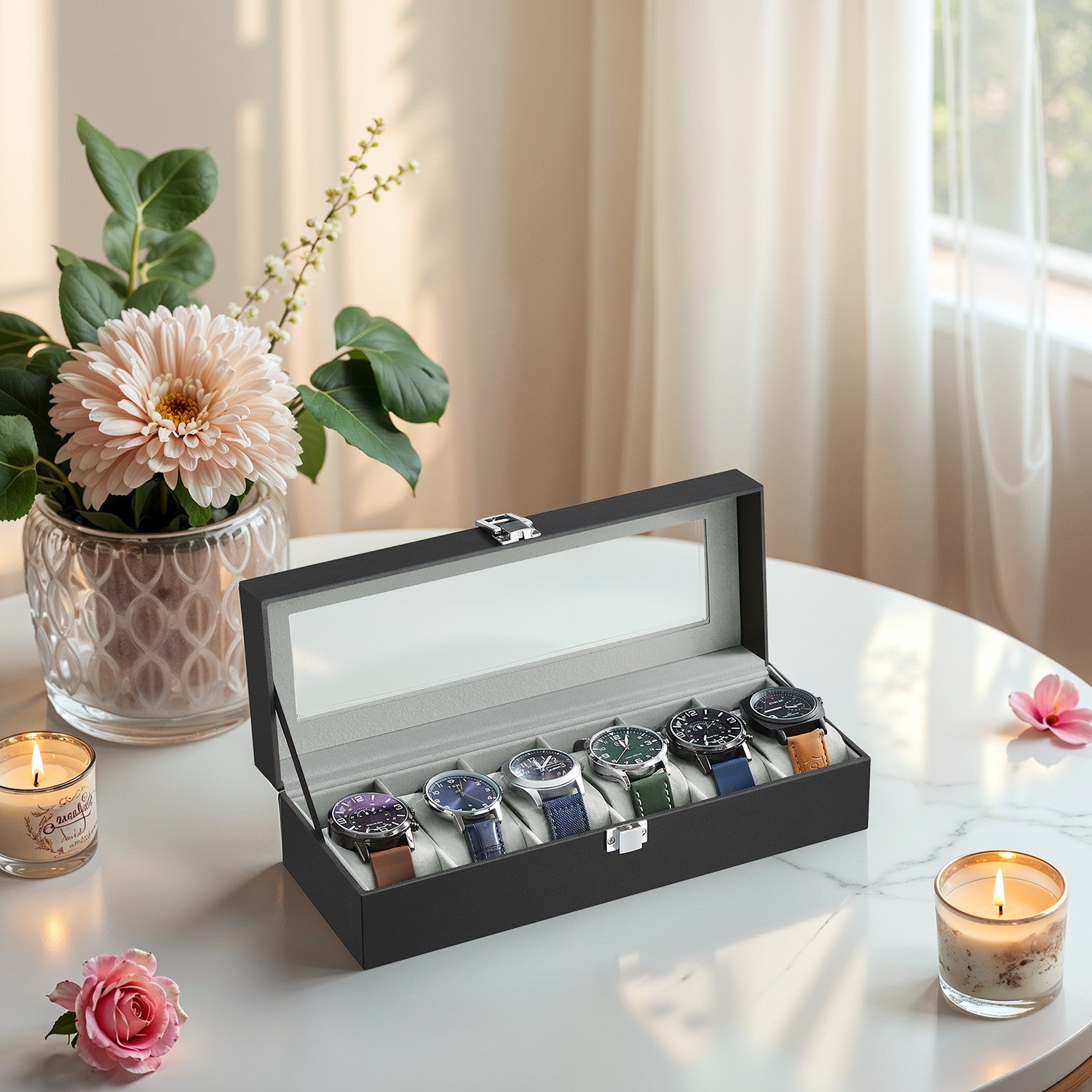 Watch box with glass lid - 6 compartments for watches, elegant display