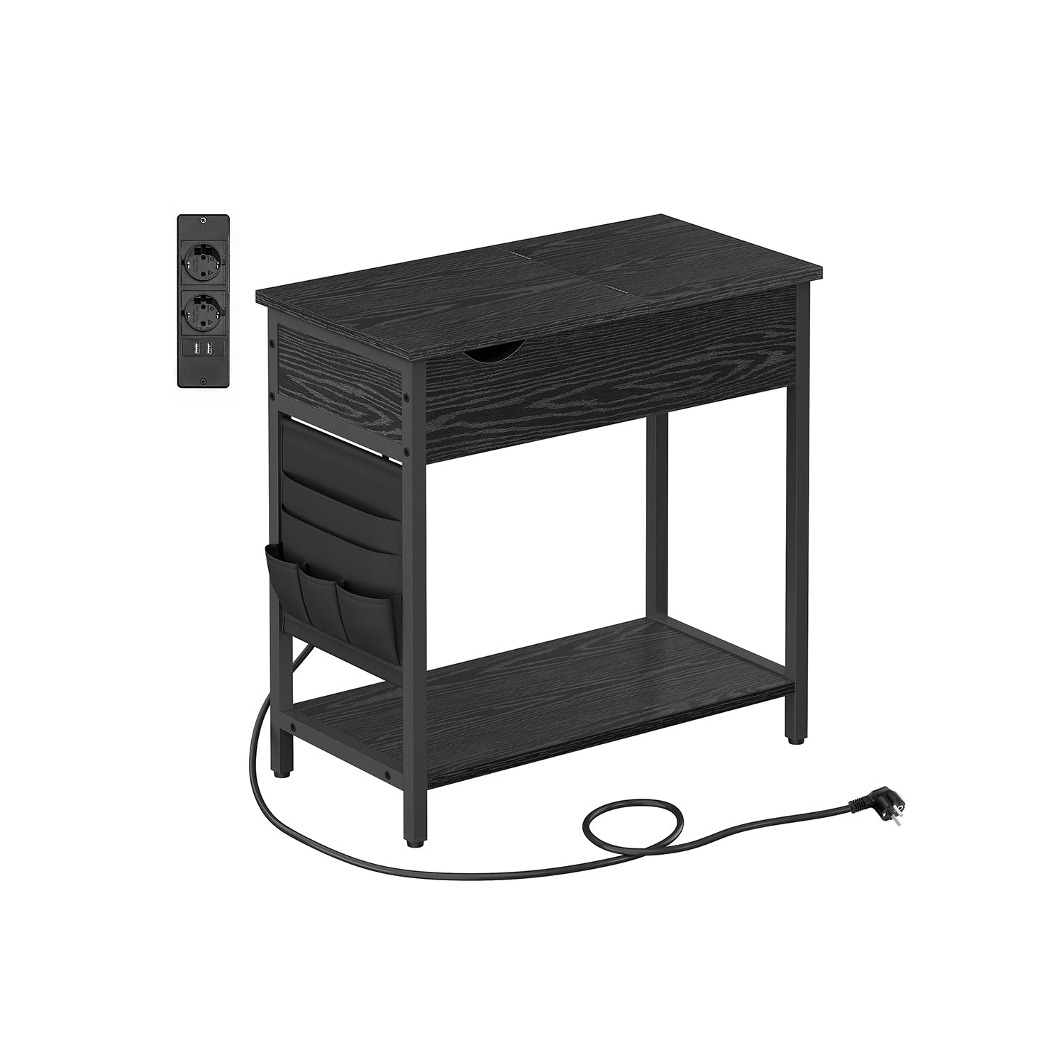 Side table with socket and USB ports-Black with wood grain