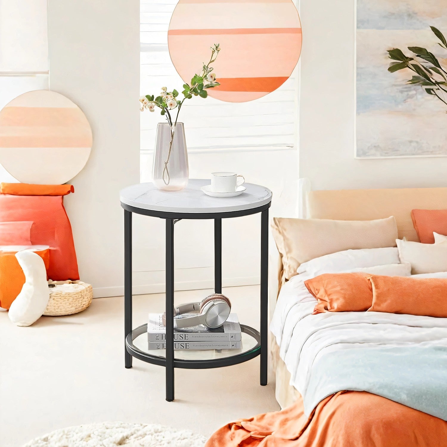 Side table - 2 levels - Marmer look white - Black frame