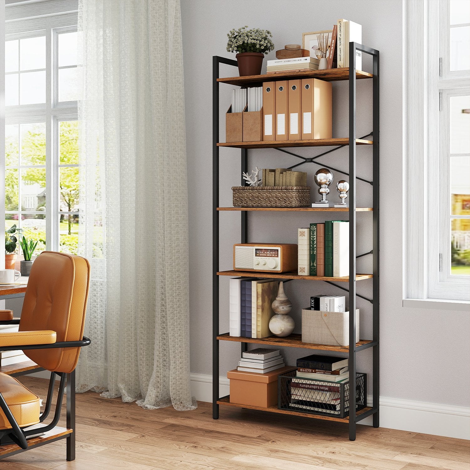 Bookcase 6 levels, standing plank with steel frame, detached board