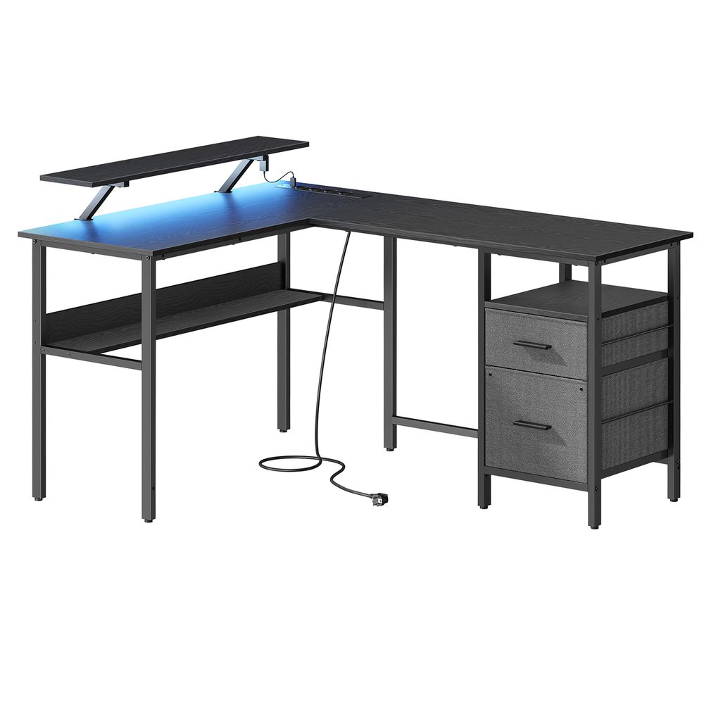 Bureau - Hoekbureau - L Shaped - With socket and chest of drawers - Black