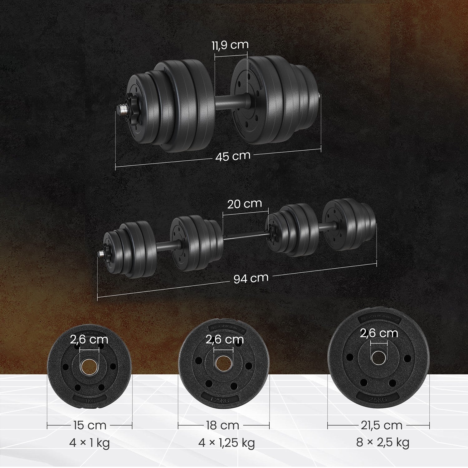 2-in-1 Halter set-Dumbbells with steel connecting tube, 2 x 15 kg, ink-black