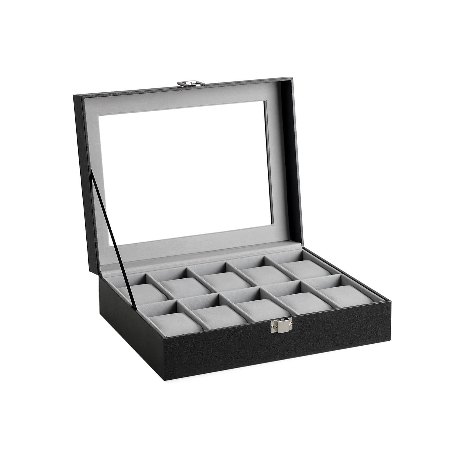 Watchbox - 10 compartments - Glass lid - Black/Gray