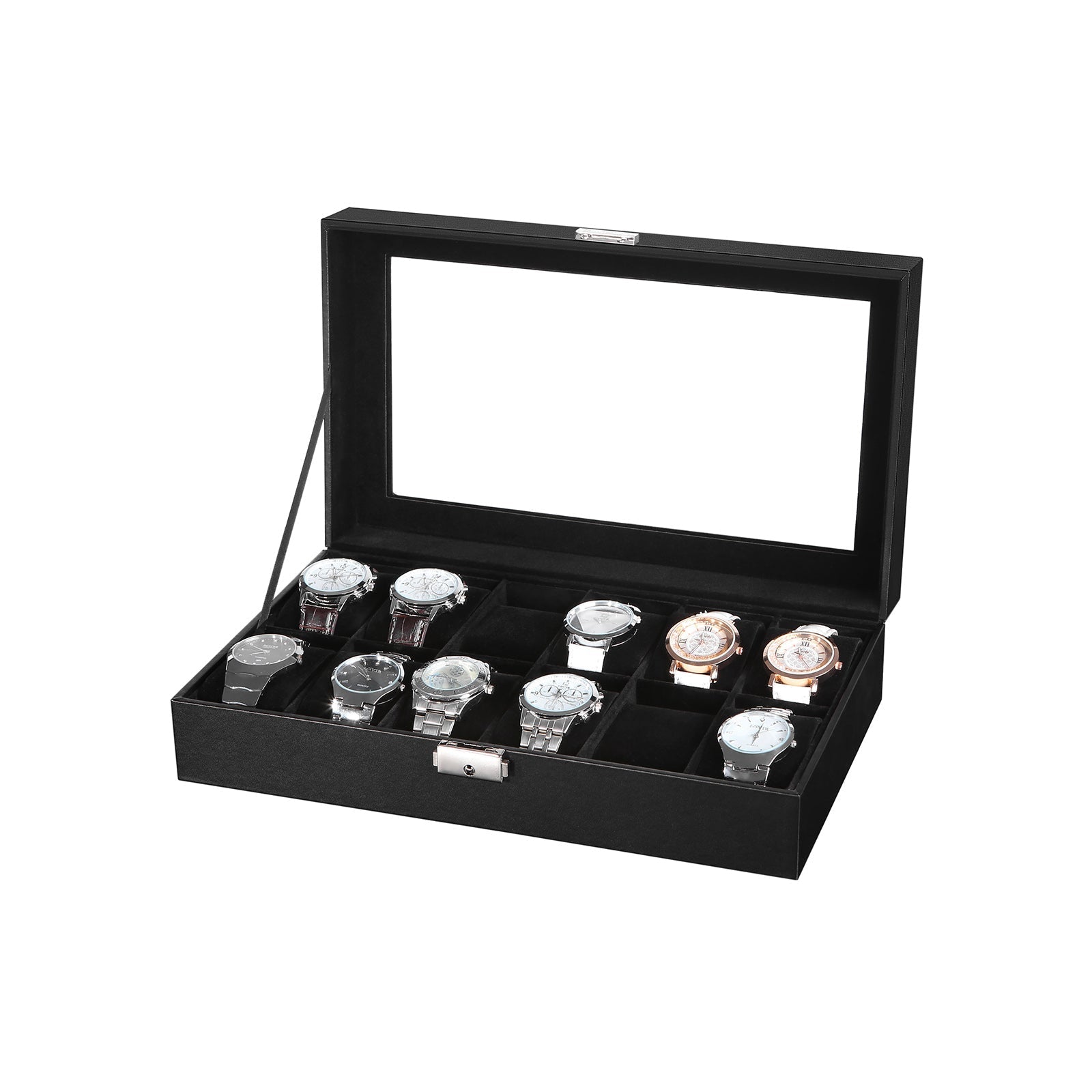 Watchbox - 12 watches - Glass lid - Black