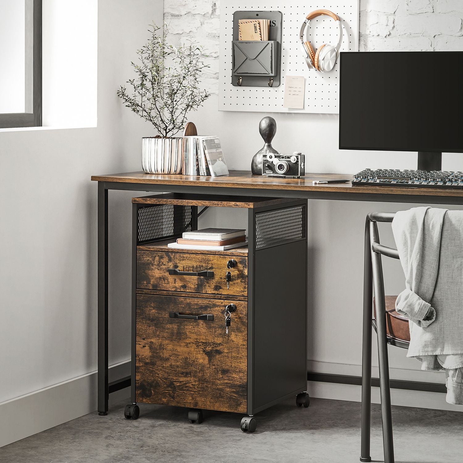 Archive cabinet - Office cabinet - With 2 drawers and lock - Wood look - Brown