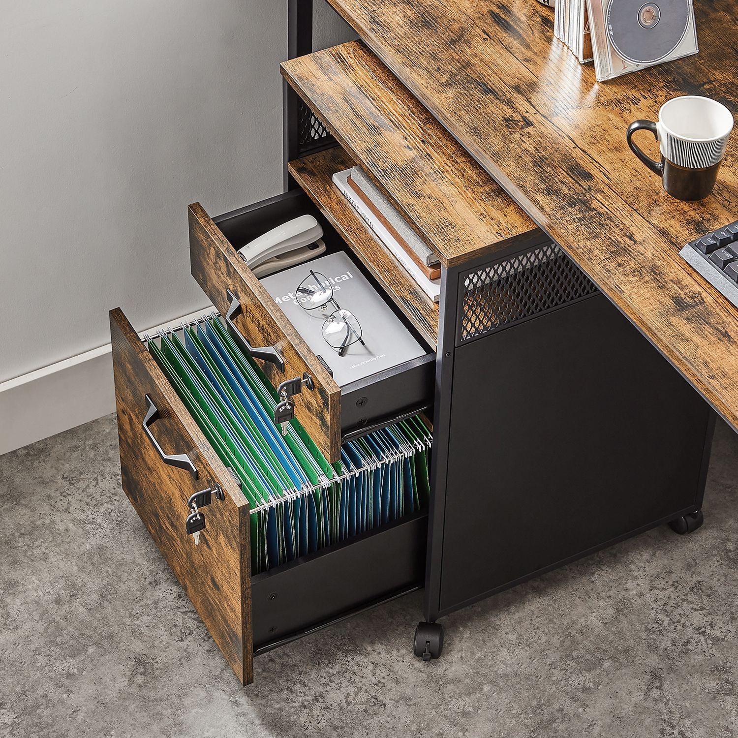 Archive cabinet - Office cabinet - With 2 drawers and lock - Wood look - Brown