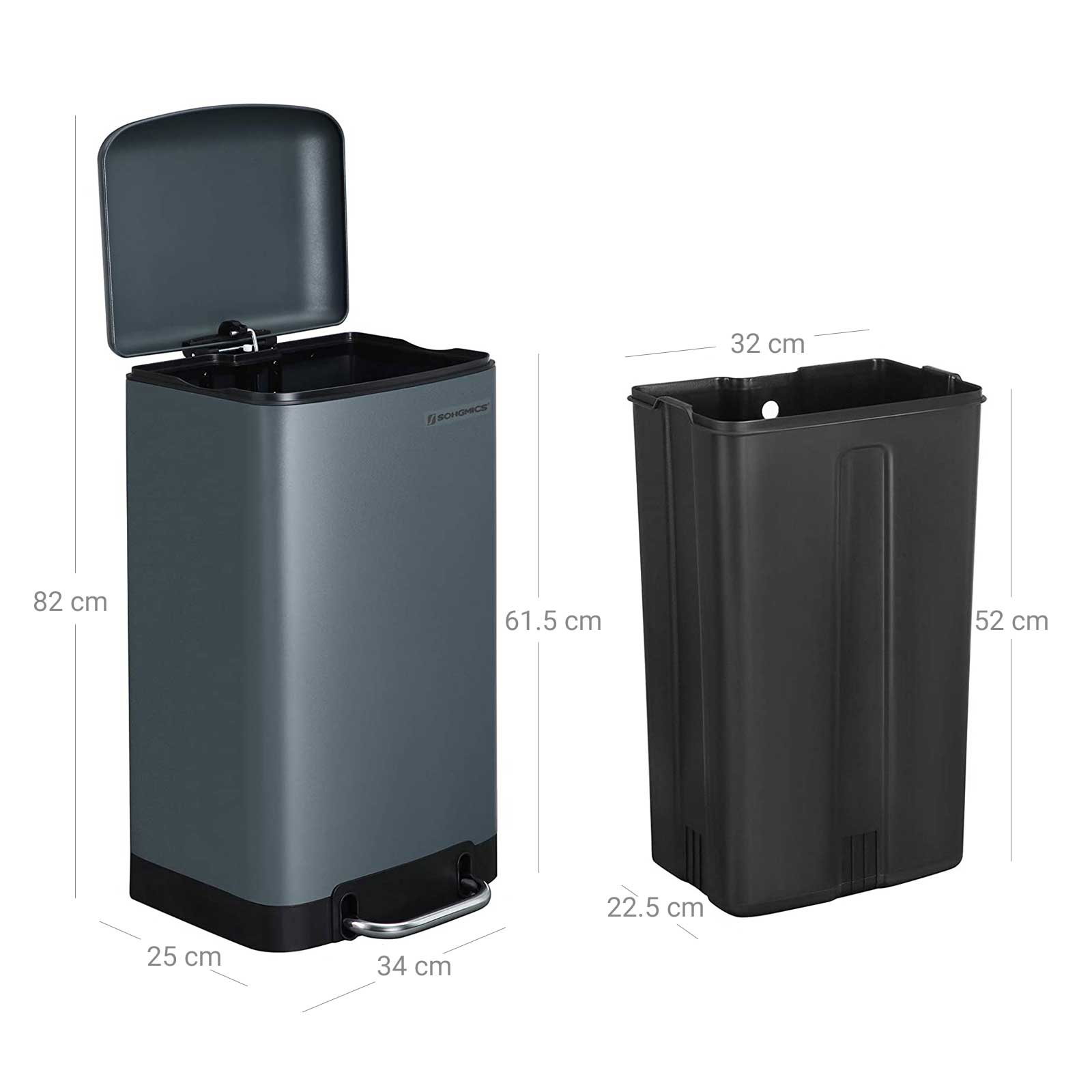 Waste bin - Steel pedal bin - 10 l - With inner bucket and soft close lid - Gray