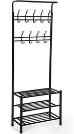 Coat rack - With 3 shoe racks - With 18 hooks - Metal - 68.8 x 35.2 x 187 cm