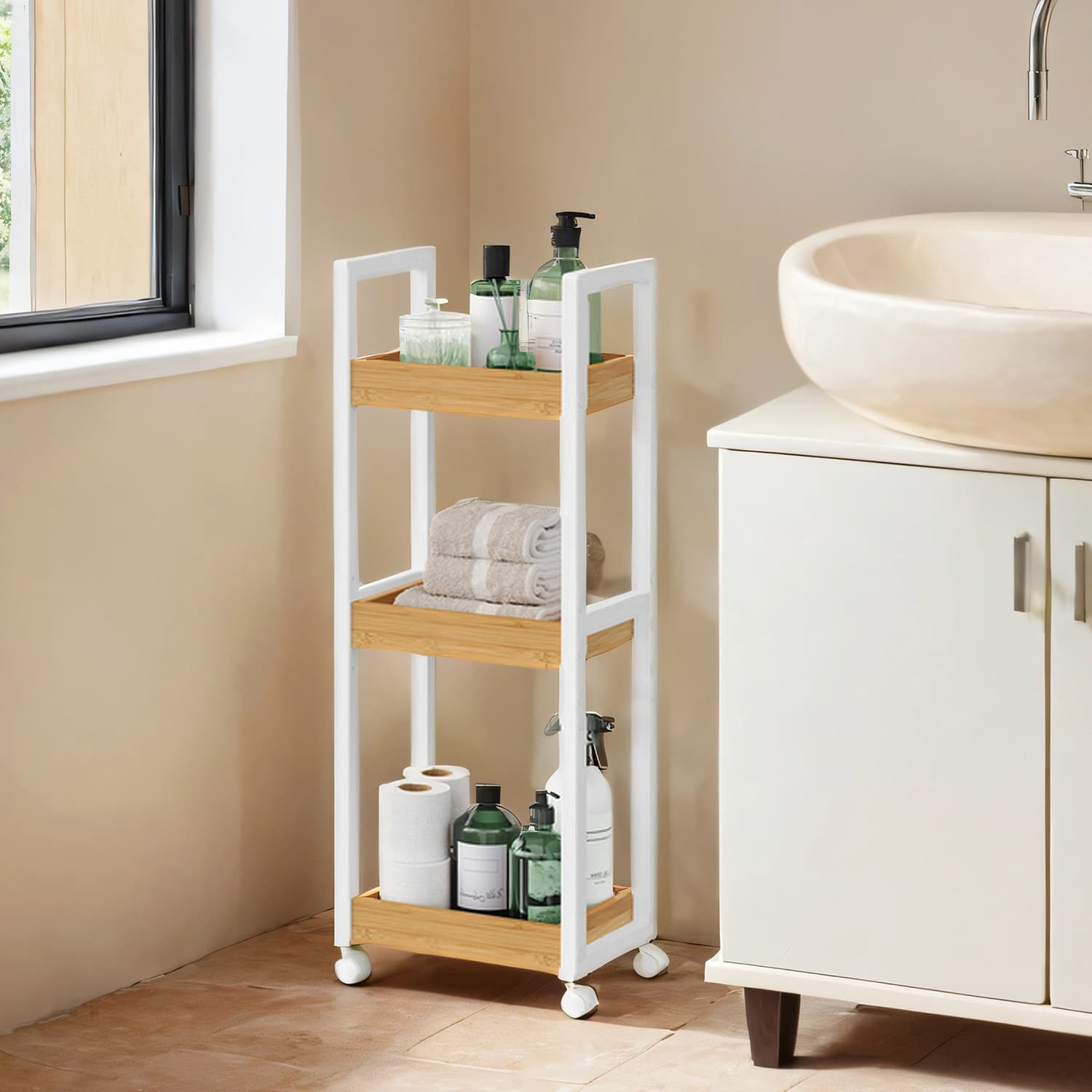 Trolley, bathroom shelf, nisplank bamboo