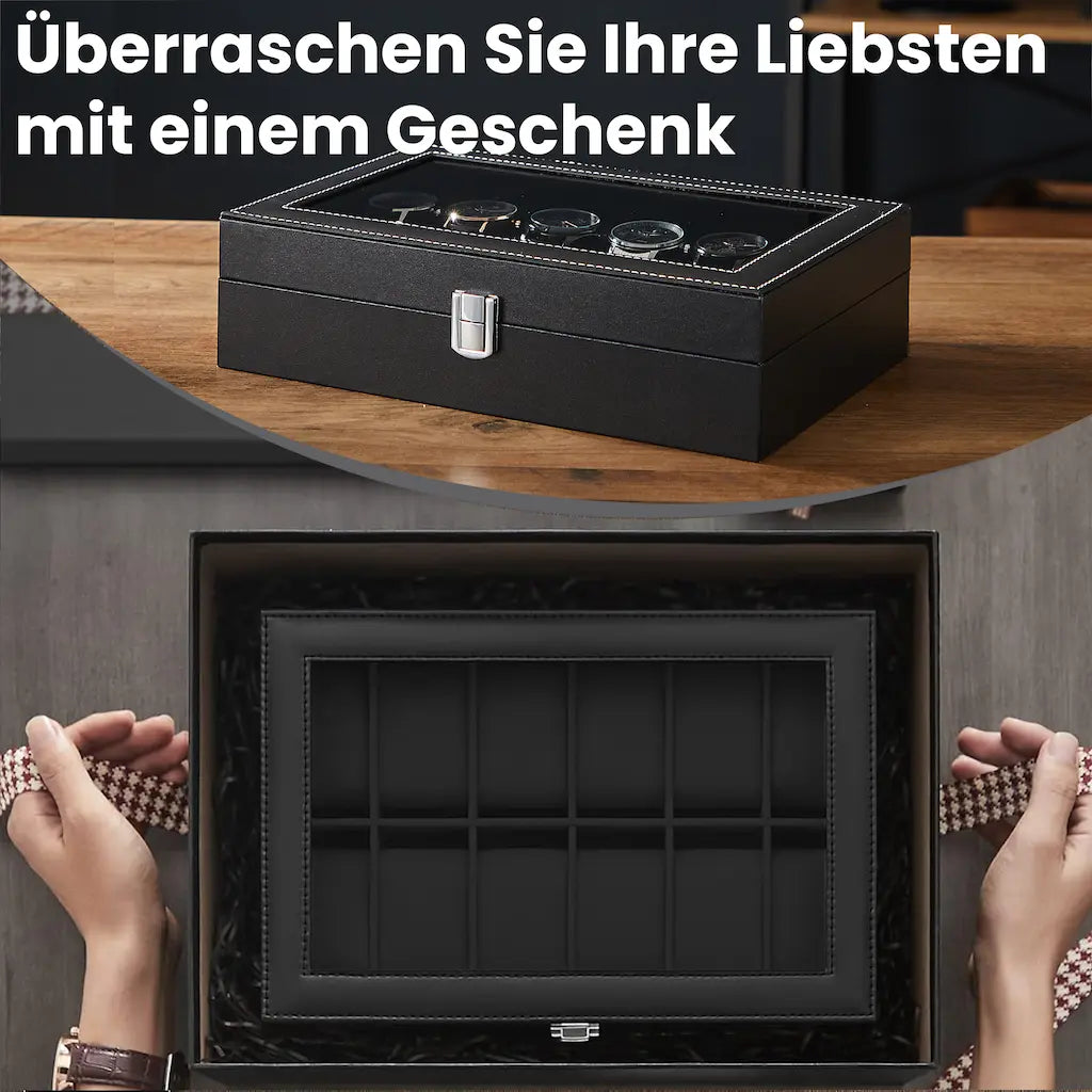 Watch box - with 12 compartments and glass lid, luxury storage box