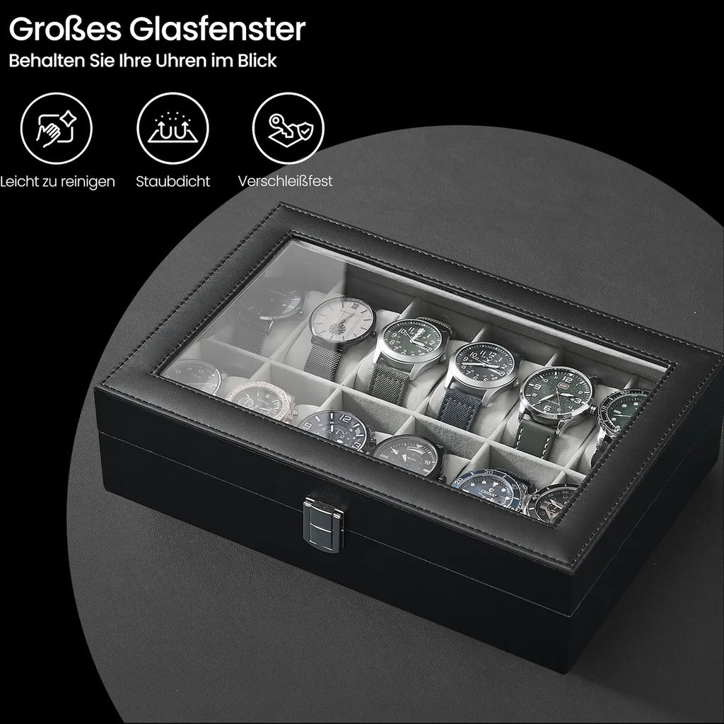 Watch box - with 12 compartments and glass lid, luxury storage box