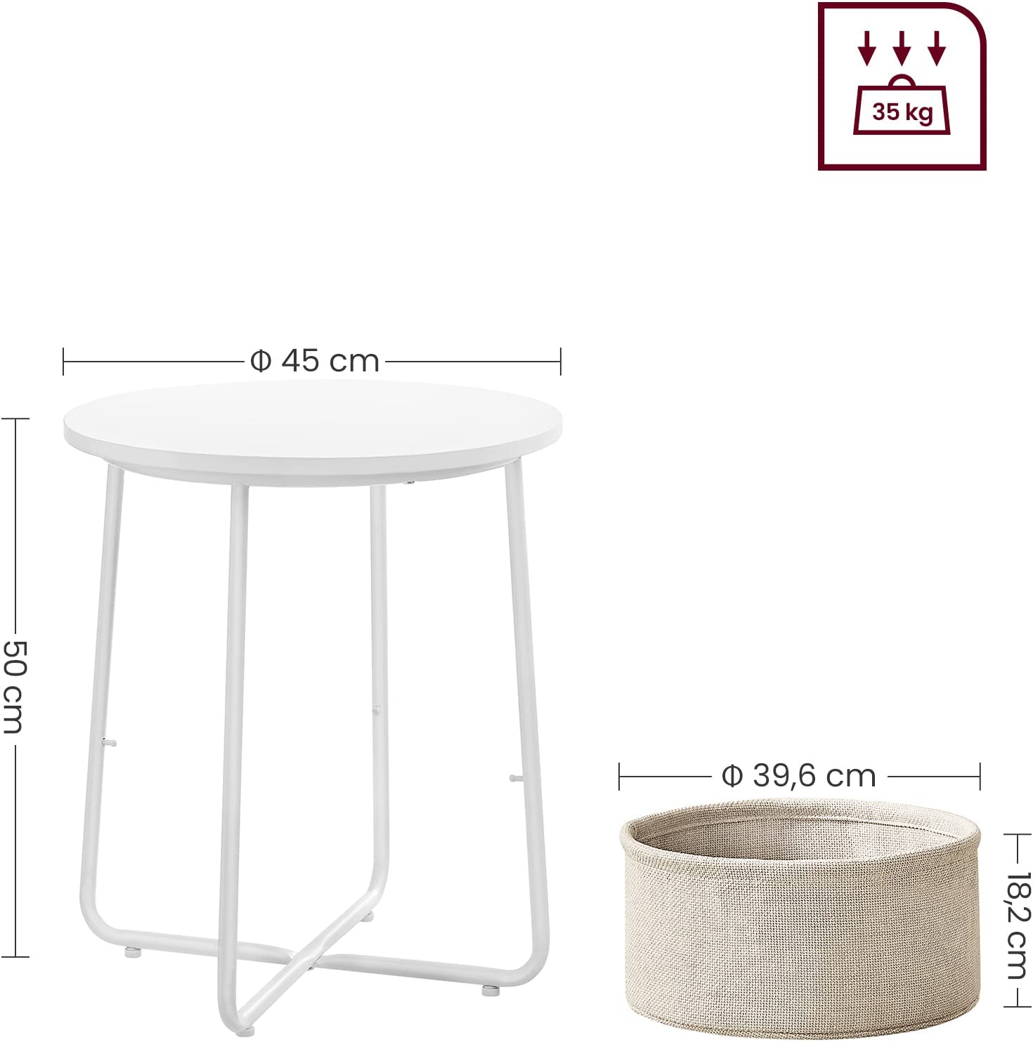 Side table - Round side table - With fabric basket - Modern style - White