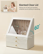 Jewelry box - With 3 levels - Sloping glass window - 2 drawers - Storage box for jewelry - Modern - White