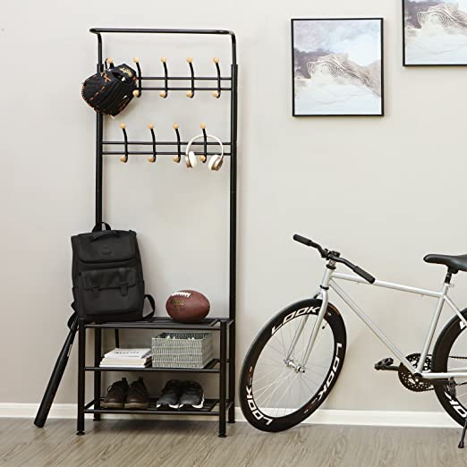 Coat rack - With 3 shoe racks - With 18 hooks - Metal - 68.8 x 35.2 x 187 cm