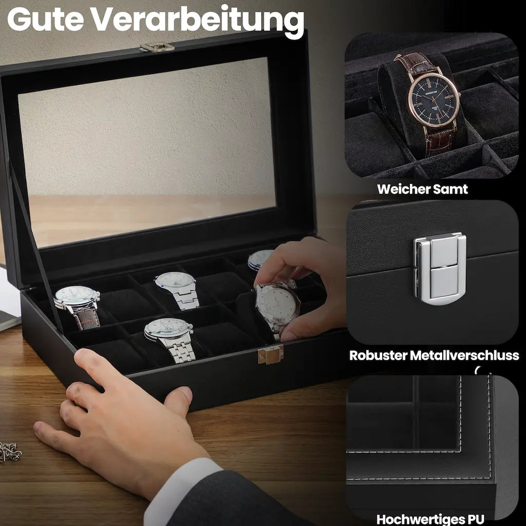 Watch box - with 12 compartments and glass lid, luxury storage box