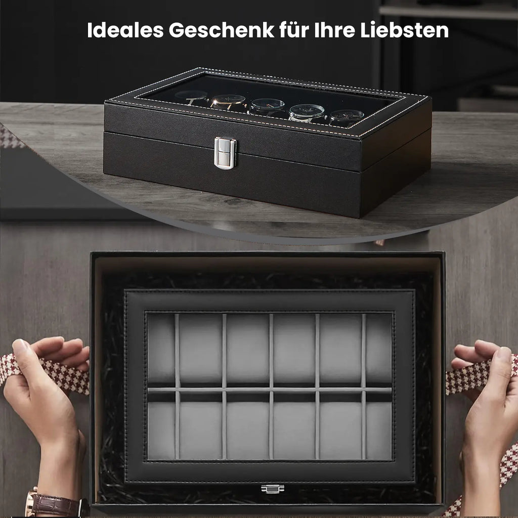 Watch box - with 12 compartments and glass lid, luxury storage box