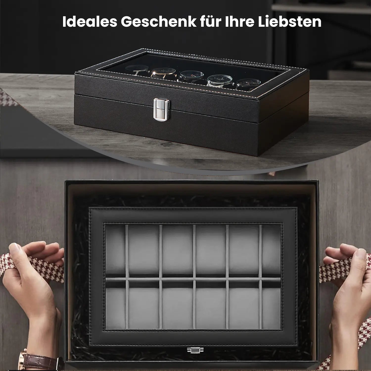 Watch box - with 12 compartments and glass lid, luxury storage box