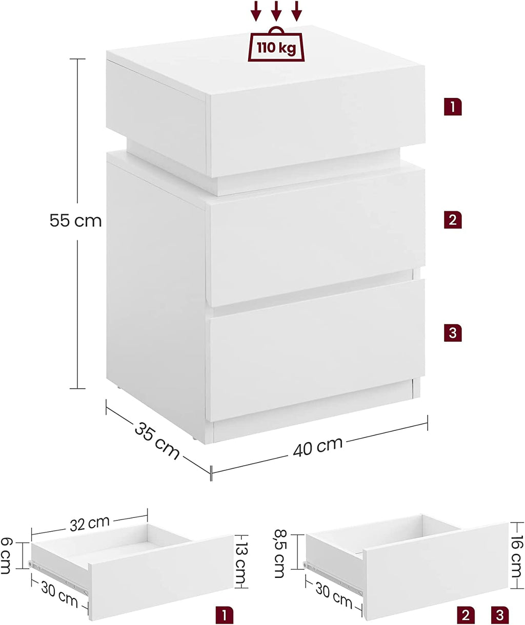 Bedside table - side table - with LED lighting - adjustable colors - with 3 drawers - white
