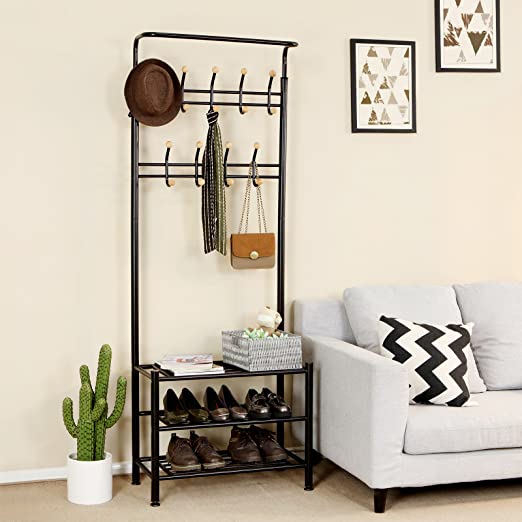 Coat rack - With 3 shoe racks - With 18 hooks - Metal - 68.8 x 35.2 x 187 cm