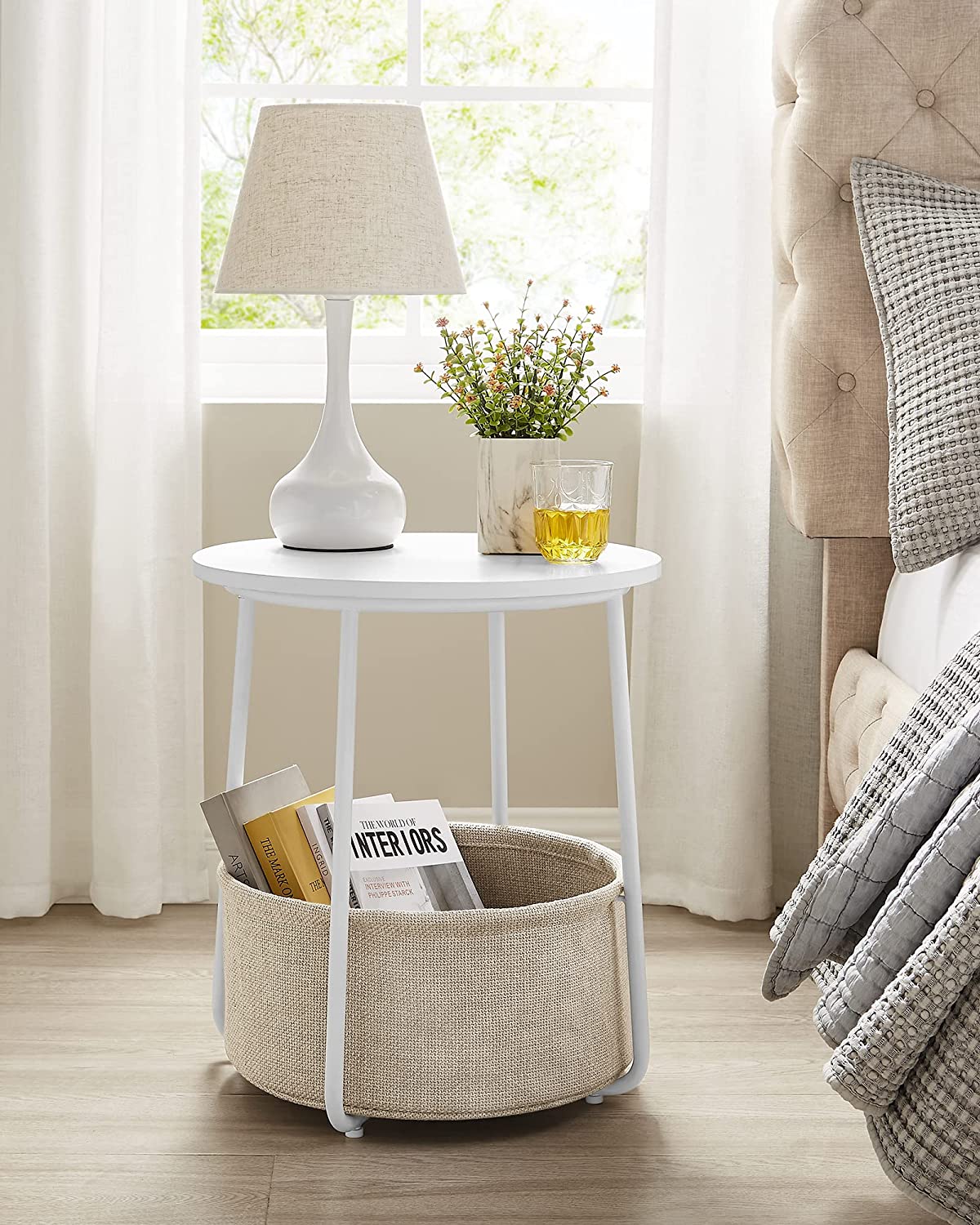 Side table - Round side table - With fabric basket - Modern style - White