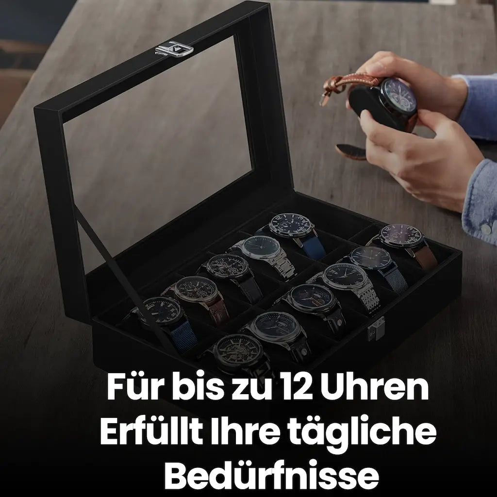Watch box - with 12 compartments and glass lid, luxury storage box