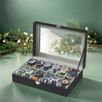 Watch box - with 12 compartments and glass lid, luxury storage box