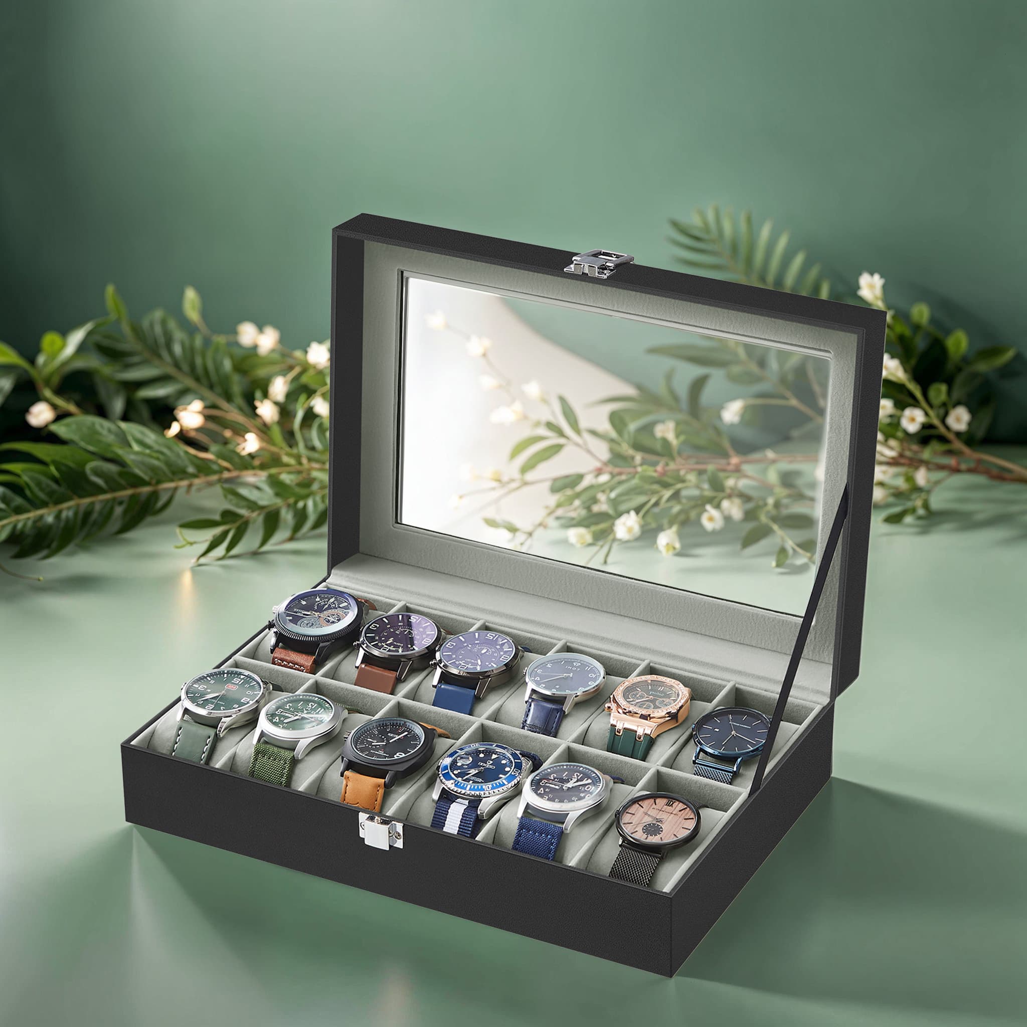 Watch box - with 12 compartments and glass lid, luxury storage box
