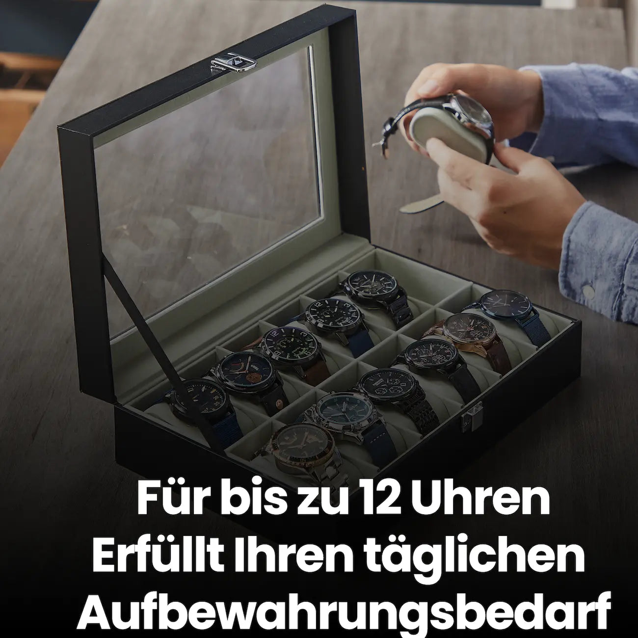Watch box - with 12 compartments and glass lid, luxury storage box