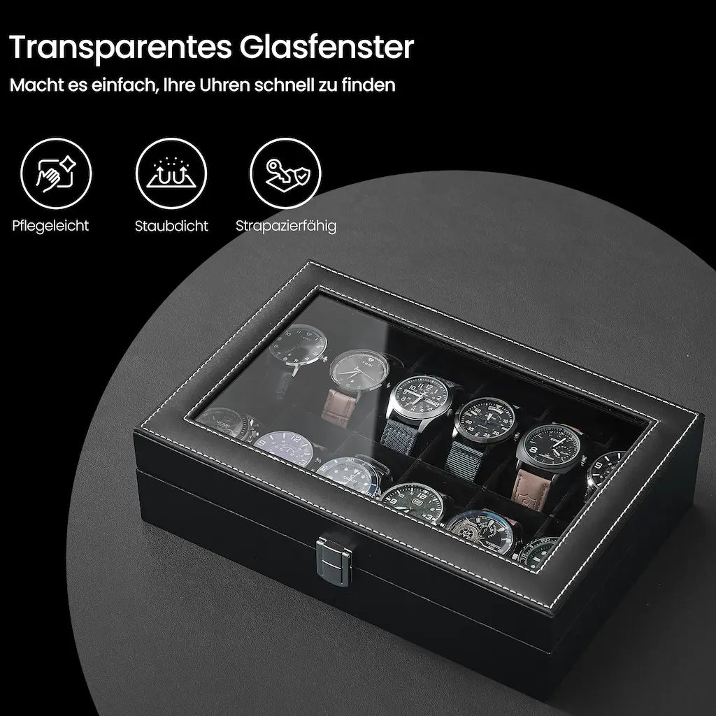 Watch box - with 12 compartments and glass lid, luxury storage box
