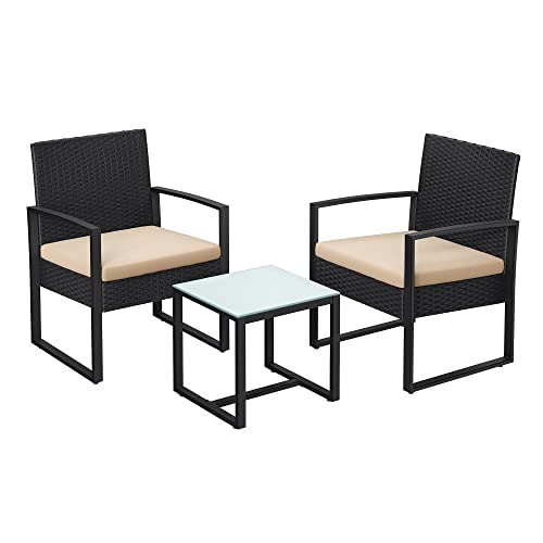 Garden furniture set - Lounge set - Rattan look - 2 chairs and glass table - Black
