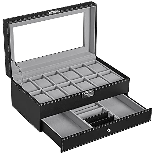 Watchbox - with drawer - 12 watches - jewelry box - Glass lid - Black