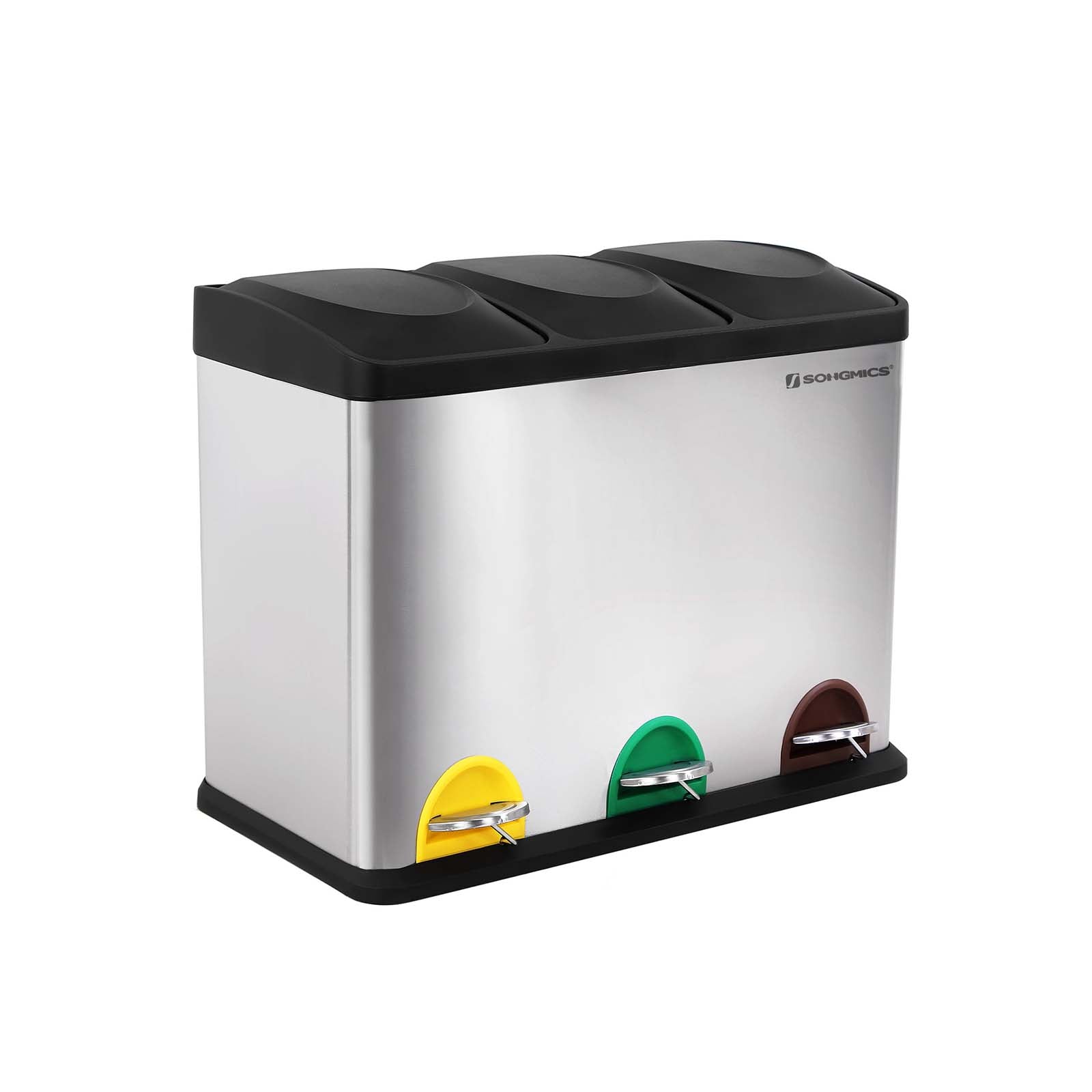 Waste bin - Kitchen Prullen Bin With Pedal - 45 L (3 x 15 L) - Stainless steel - Silver/Black