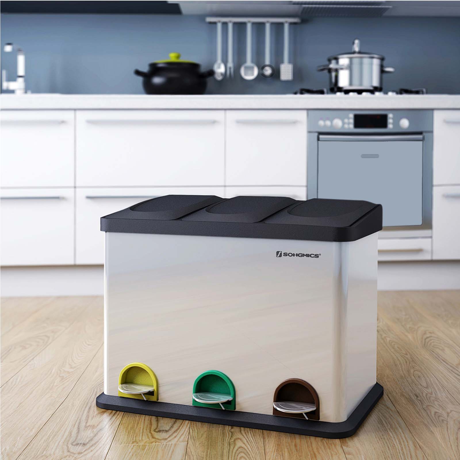 Waste bin - Kitchen Prullen Bin With Pedal - 45 L (3 x 15 L) - Stainless steel - Silver/Black