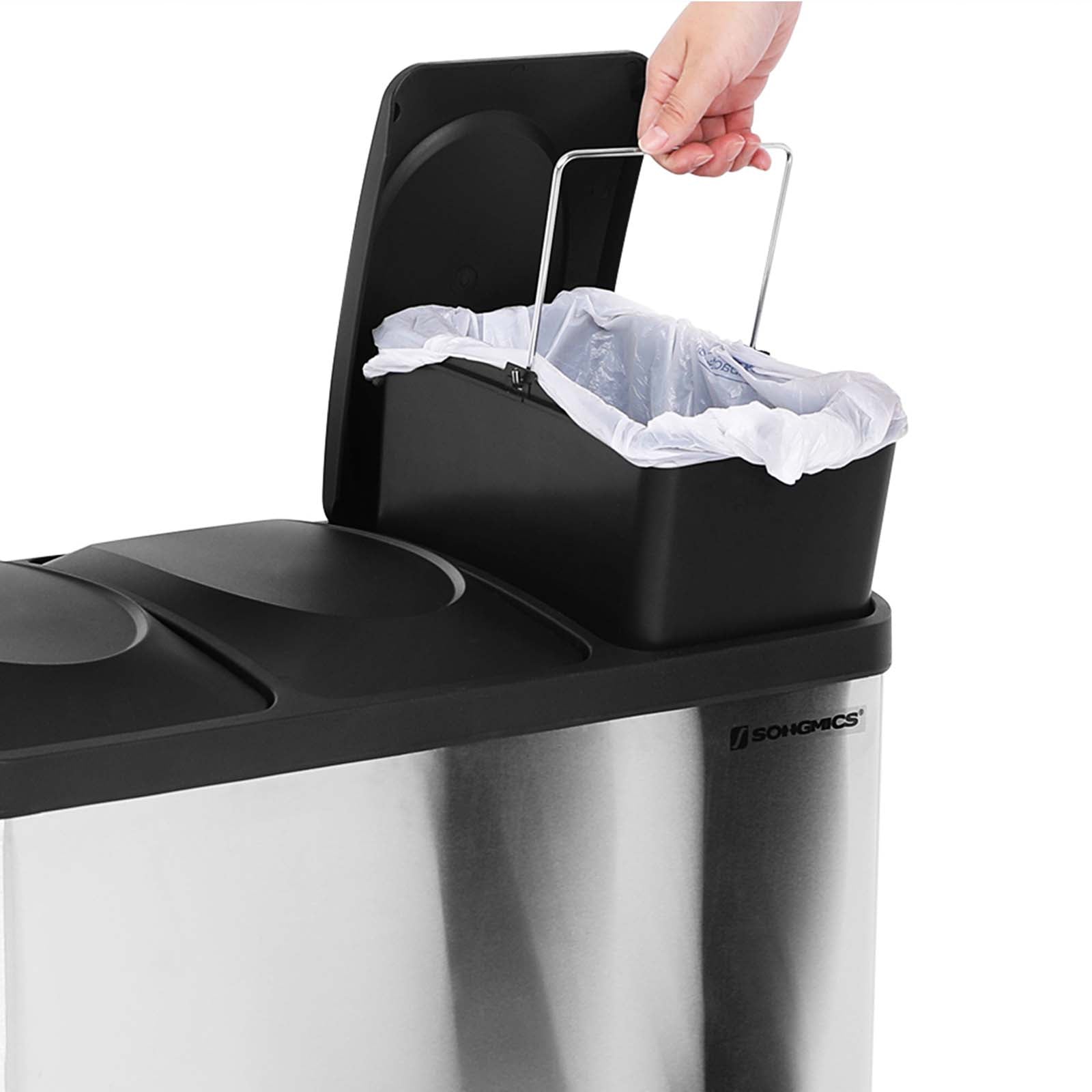 Waste bin - Kitchen Prullen Bin With Pedal - 45 L (3 x 15 L) - Stainless steel - Silver/Black