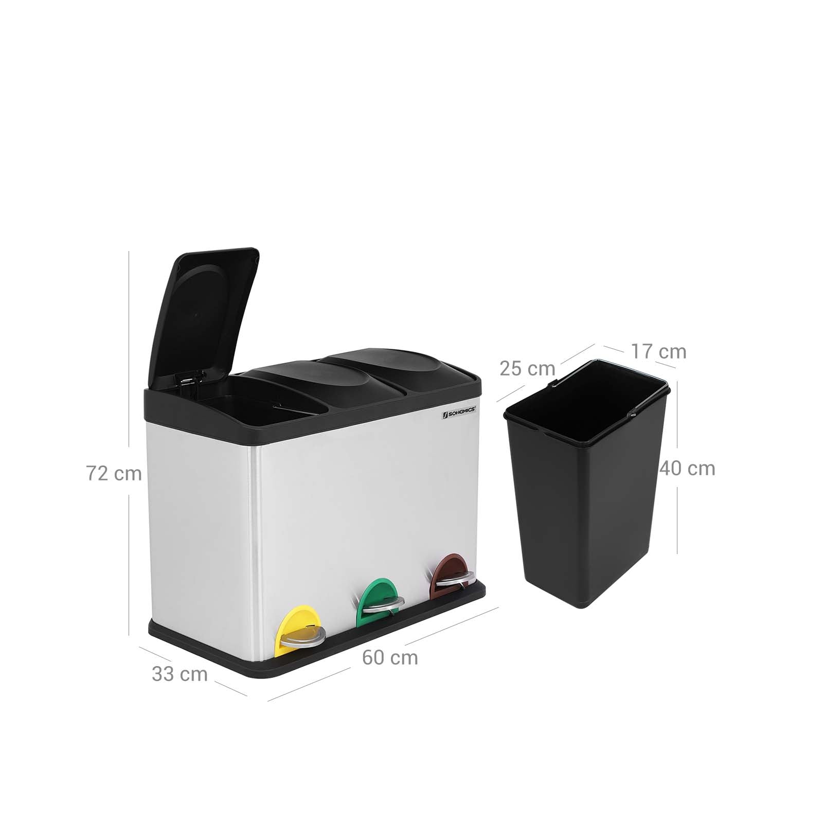 Waste bin - Kitchen Prullen Bin With Pedal - 45 L (3 x 15 L) - Stainless steel - Silver/Black