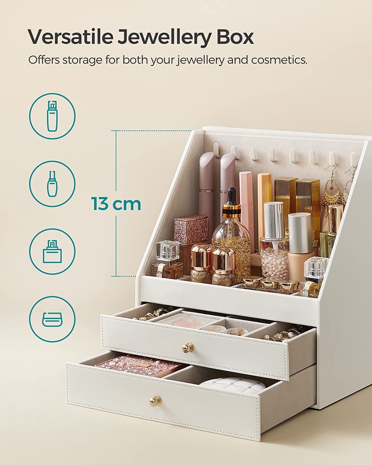 Jewelry box - With 3 levels - Sloping glass window - 2 drawers - Storage box for jewelry - Modern - White