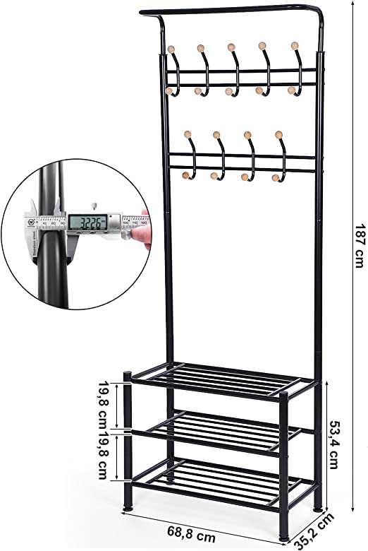 Coat rack - With 3 shoe racks - With 18 hooks - Metal - 68.8 x 35.2 x 187 cm