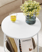 Side table - Round side table - With fabric basket - Modern style - White