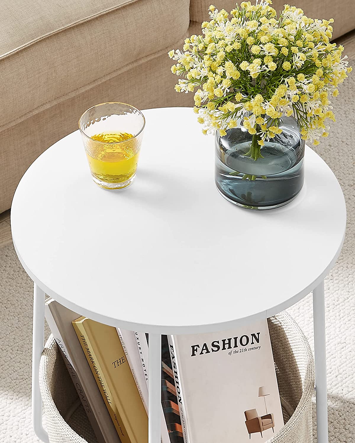 Side table - Round side table - With fabric basket - Modern style - White