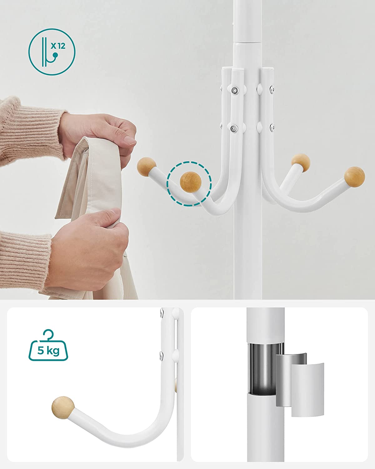 Coat rack - Metal clothes hanger - With 12 hooks - White