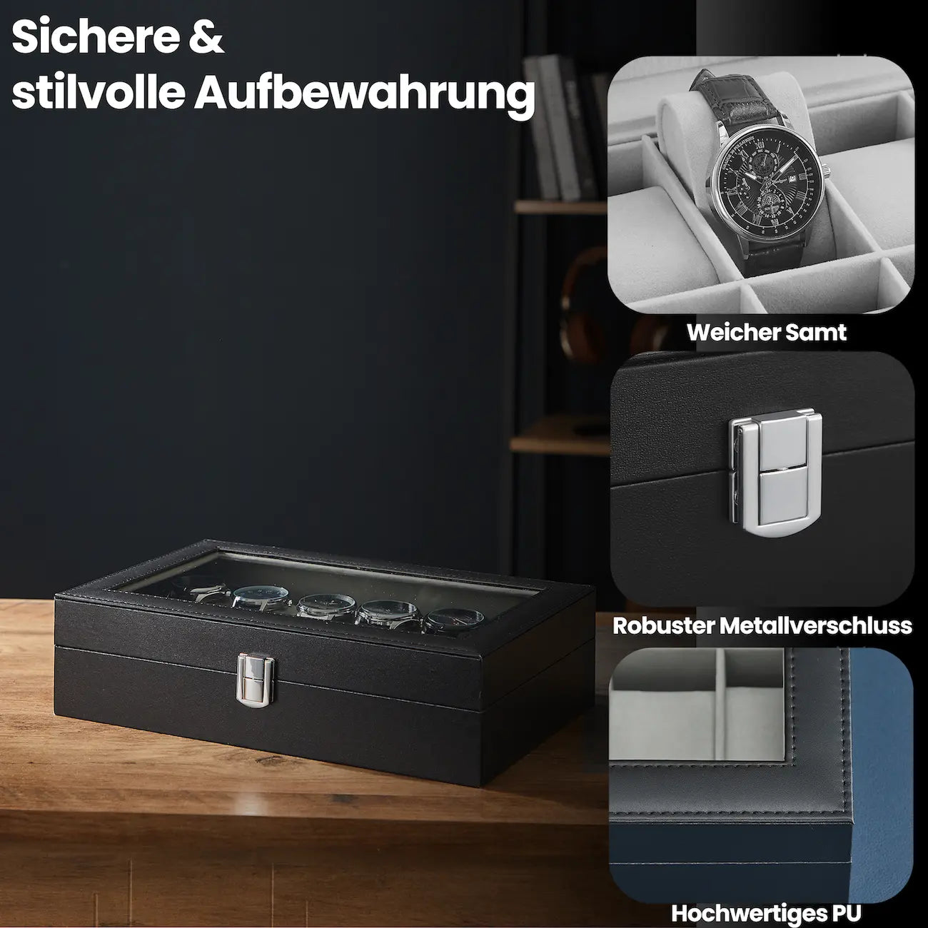 Watch box - with 12 compartments and glass lid, luxury storage box