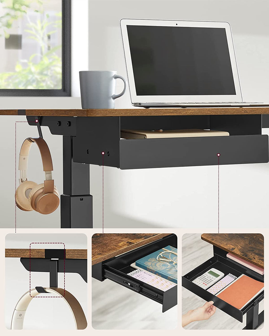 Electric desk - height adjustable - with socket